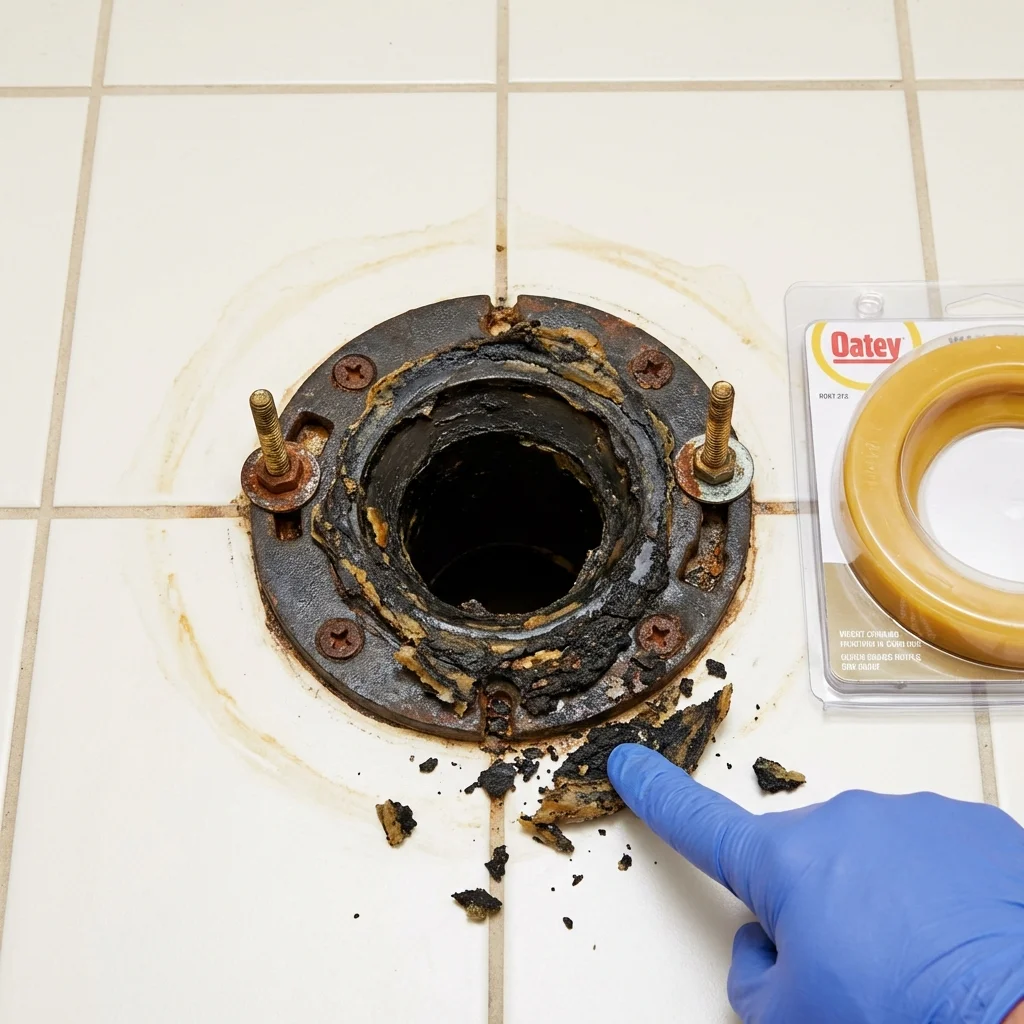 Failed wax ring showing water seepage at the base of a toilet in a Bluffton, SC home