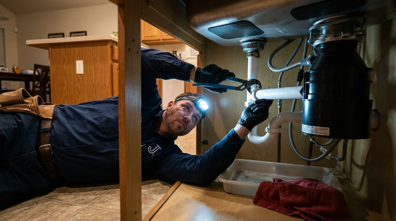 P-trap and supply line connections under a kitchen sink showing a common leak point in Bluffton, SC